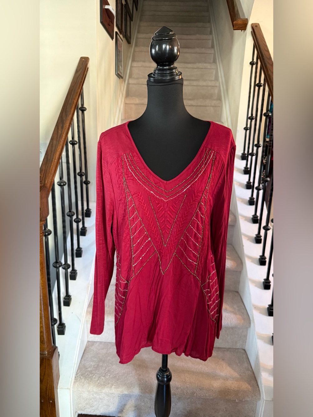 Nine West Crimson Red V-Neck Long-Sleeve Embellished Tunic